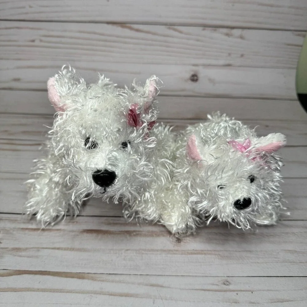 Lot of 2 Ganz White Terrier Dogs Puppy Plush Stuffed Animals with Pink Bow